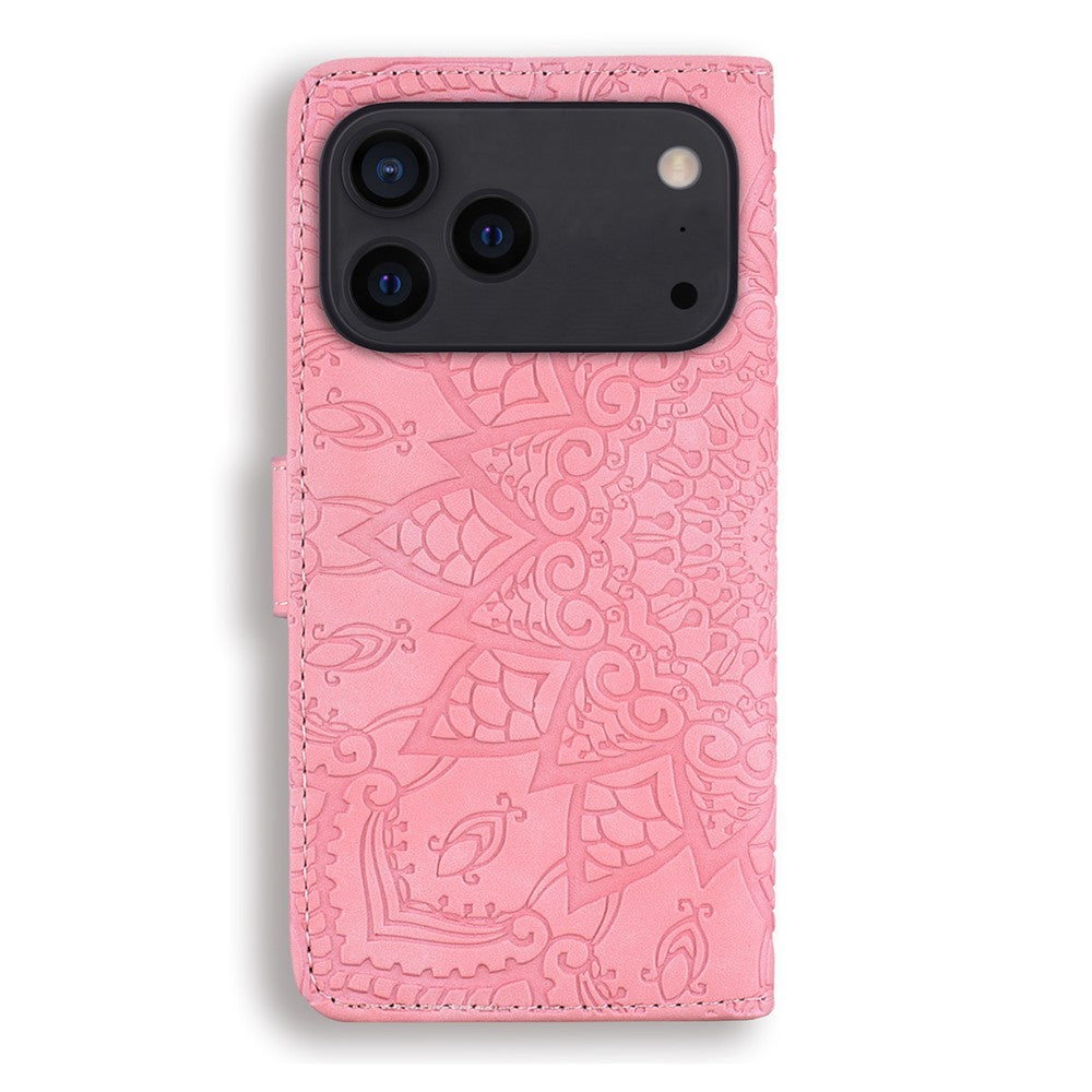 For iPhone 17 Pro Max Case Flower Imprinted PU Leather Wallet Flip Phone Cover with Wrist Strap - Pink