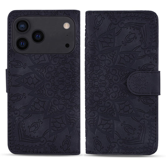 For iPhone 17 Pro Max Case Flower Imprinted PU Leather Wallet Flip Phone Cover with Wrist Strap - Black