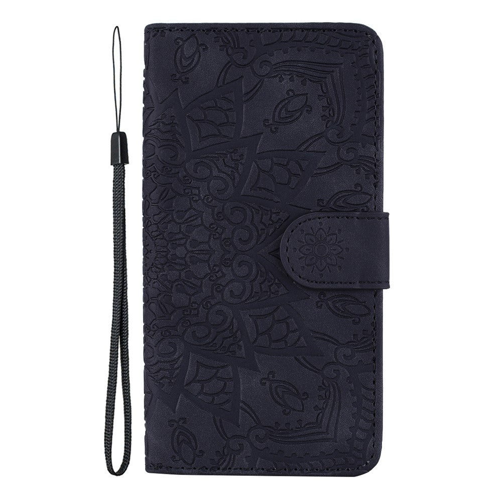 For iPhone 17 Pro Max Case Flower Imprinted PU Leather Wallet Flip Phone Cover with Wrist Strap - Black