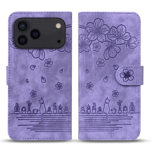 For iPhone 17 Pro Max Case Cherry Blossom Cat Imprinted Leather Phone Cover with Wrist Strap - Purple