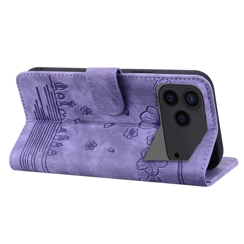 For iPhone 17 Pro Max Case Cherry Blossom Cat Imprinted Leather Phone Cover with Wrist Strap - Purple