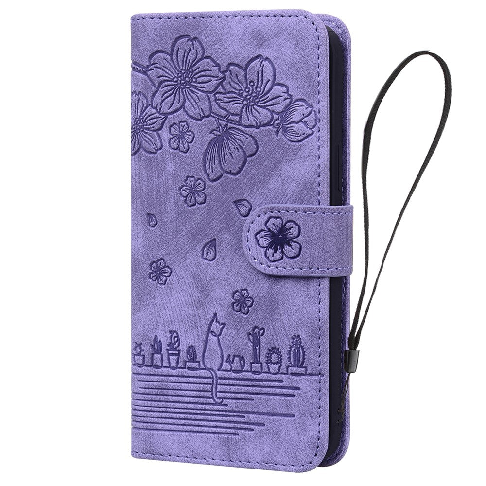 For iPhone 17 Pro Max Case Cherry Blossom Cat Imprinted Leather Phone Cover with Wrist Strap - Purple