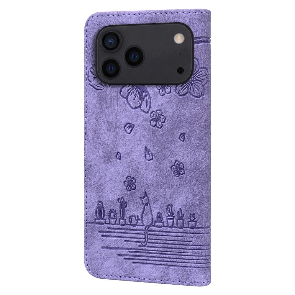 For iPhone 17 Pro Max Case Cherry Blossom Cat Imprinted Leather Phone Cover with Wrist Strap - Purple