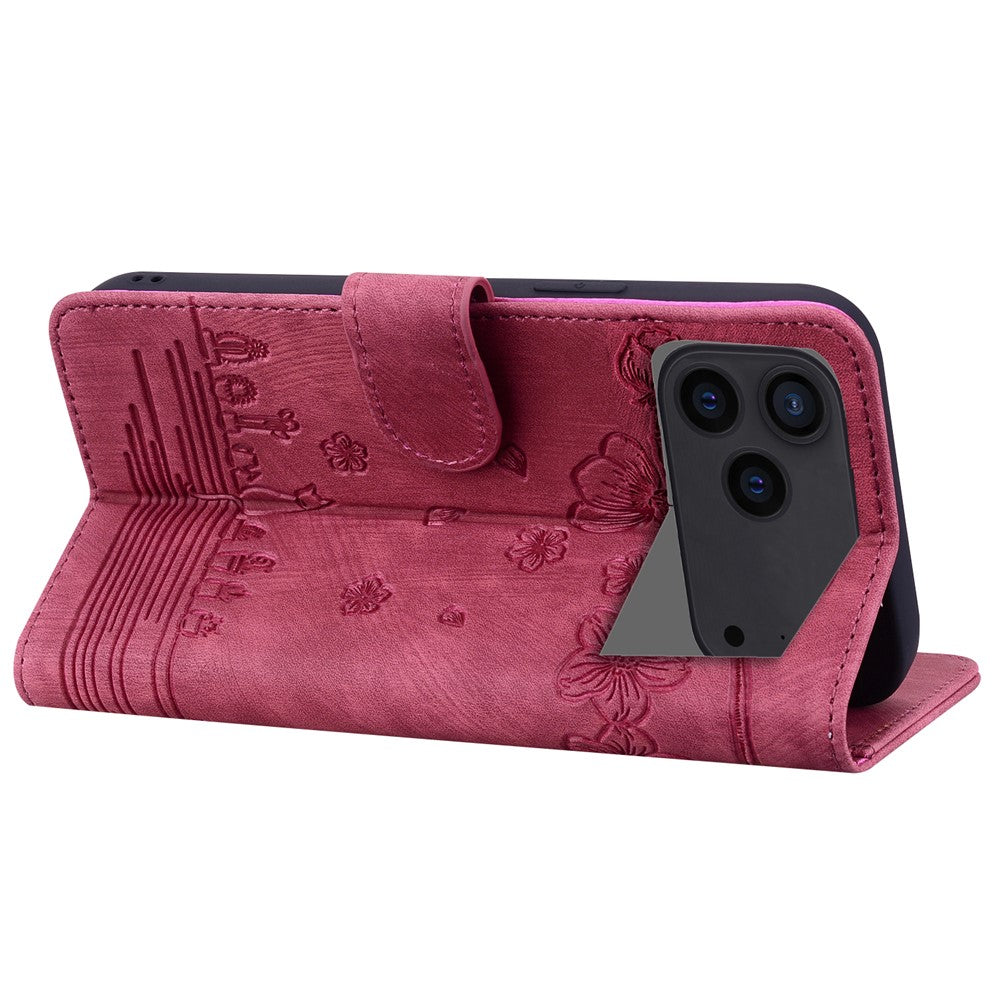 For iPhone 17 Pro Max Case Cherry Blossom Cat Imprinted Leather Phone Cover with Wrist Strap - Red