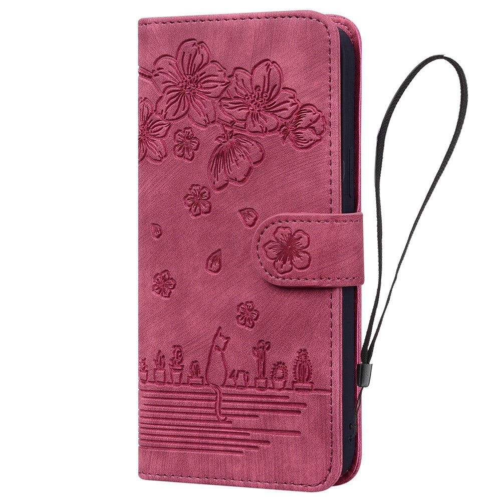 For iPhone 17 Pro Max Case Cherry Blossom Cat Imprinted Leather Phone Cover with Wrist Strap - Red