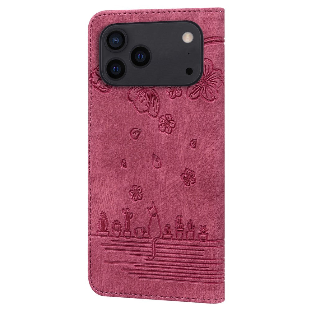 For iPhone 17 Pro Max Case Cherry Blossom Cat Imprinted Leather Phone Cover with Wrist Strap - Red