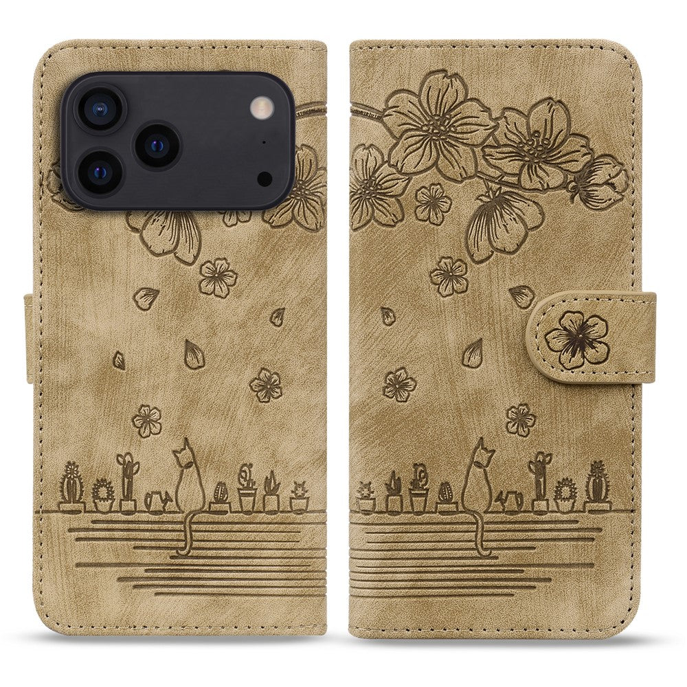 For iPhone 17 Pro Max Case Cherry Blossom Cat Imprinted Leather Phone Cover with Wrist Strap - Brown