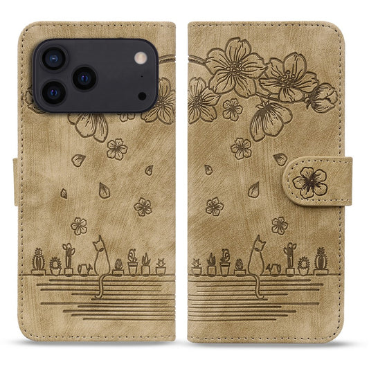 For iPhone 17 Pro Max Case Cherry Blossom Cat Imprinted Leather Phone Cover with Wrist Strap - Brown