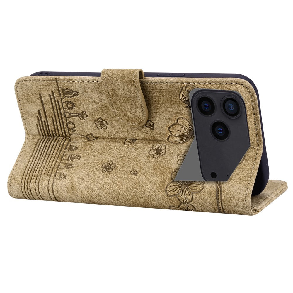 For iPhone 17 Pro Max Case Cherry Blossom Cat Imprinted Leather Phone Cover with Wrist Strap - Brown