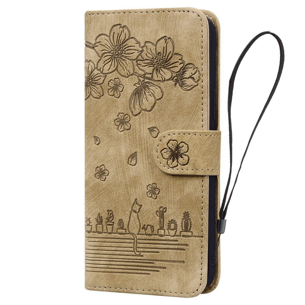 For iPhone 17 Pro Max Case Cherry Blossom Cat Imprinted Leather Phone Cover with Wrist Strap - Brown