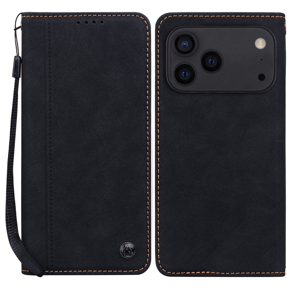 For iPhone 17 Pro Max Case Lines Pattern Wallet Leather Phone Cover with Strap - Black