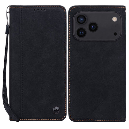 For iPhone 17 Pro Max Case Lines Pattern Wallet Leather Phone Cover with Strap - Black