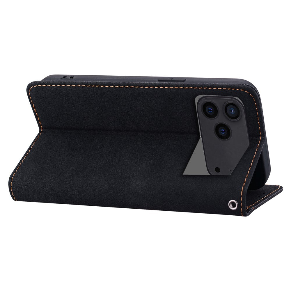 For iPhone 17 Pro Max Case Lines Pattern Wallet Leather Phone Cover with Strap - Black