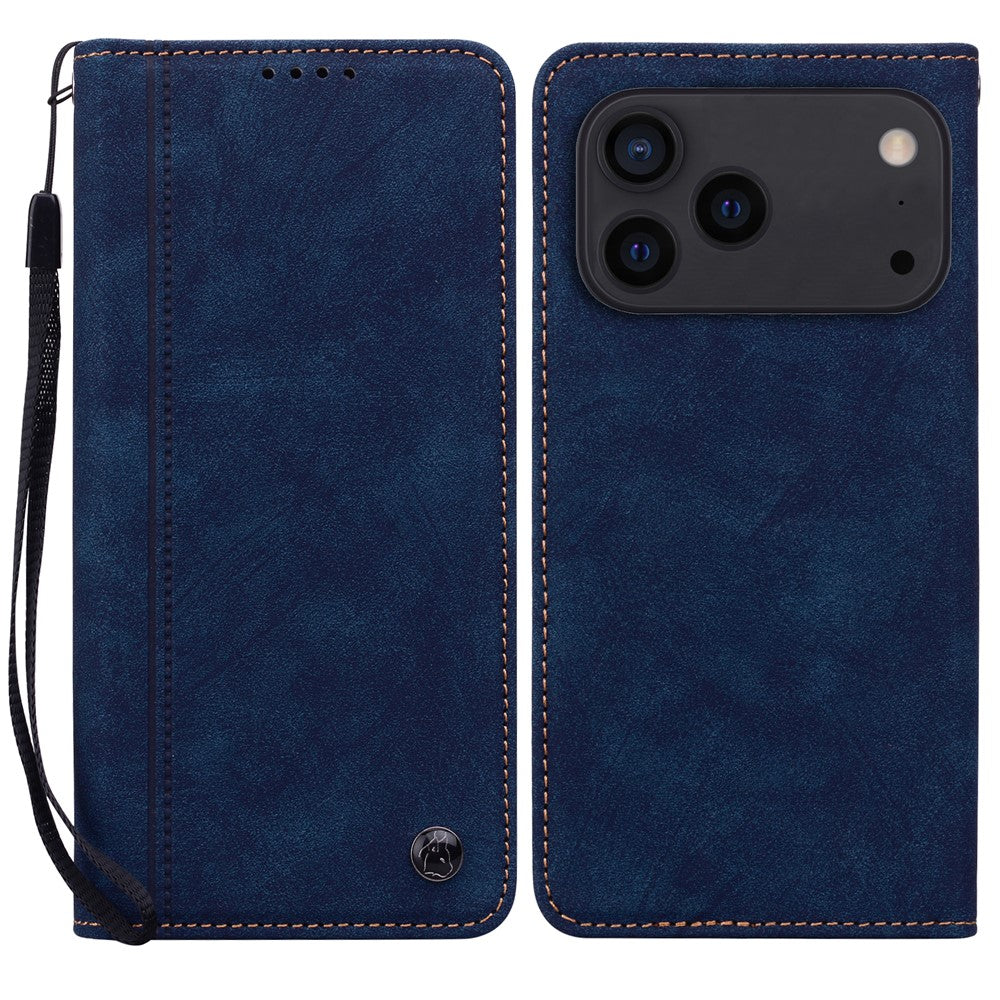 For iPhone 17 Pro Max Case Lines Pattern Wallet Leather Phone Cover with Strap - Blue