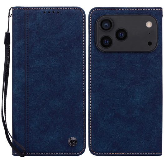 For iPhone 17 Pro Max Case Lines Pattern Wallet Leather Phone Cover with Strap - Blue