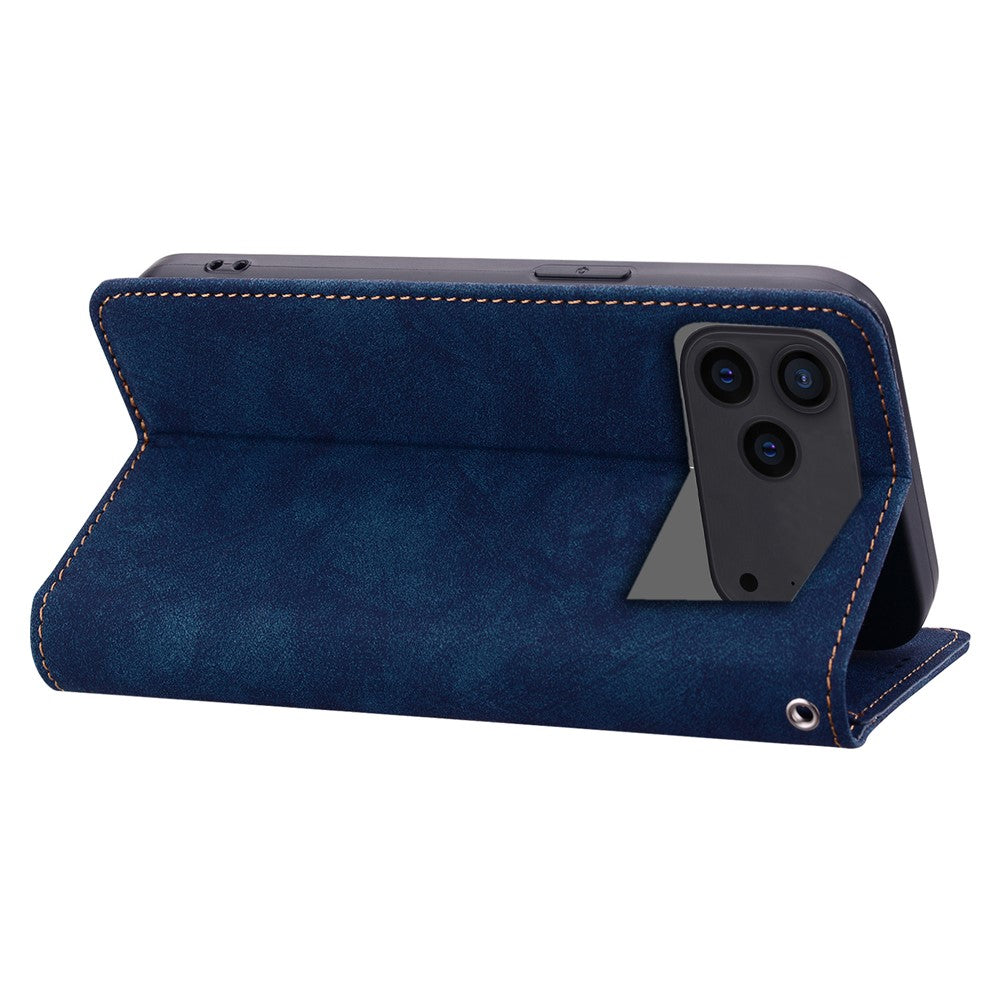 For iPhone 17 Pro Max Case Lines Pattern Wallet Leather Phone Cover with Strap - Blue