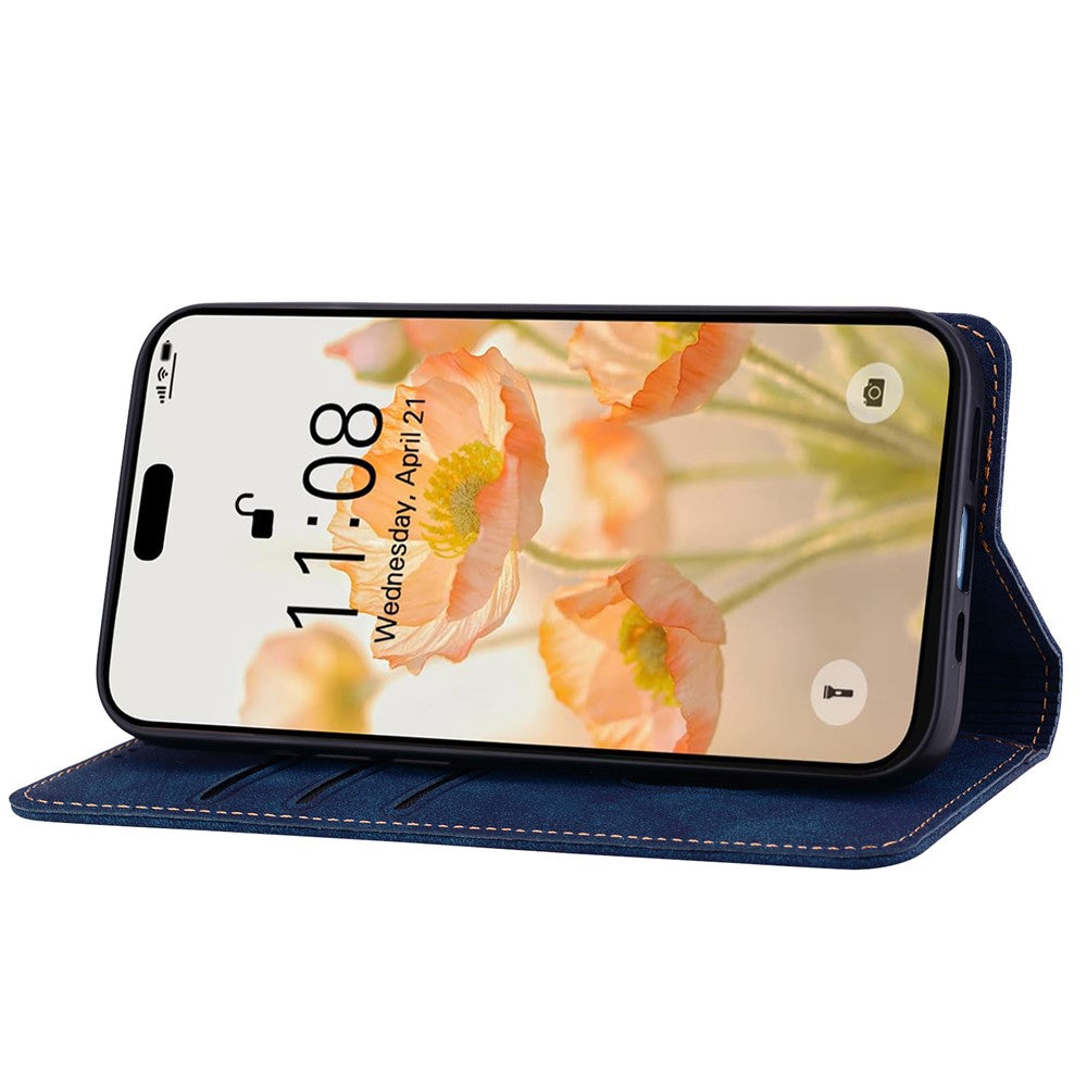 For iPhone 17 Pro Max Case Lines Pattern Wallet Leather Phone Cover with Strap - Blue