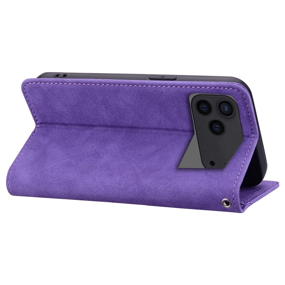 For iPhone 17 Pro Max Case Lines Pattern Wallet Leather Phone Cover with Strap - Purple