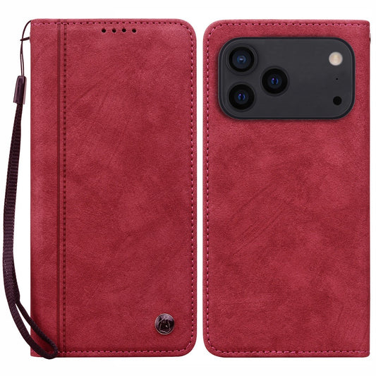 For iPhone 17 Pro Max Case Lines Pattern Wallet Leather Phone Cover with Strap - Red