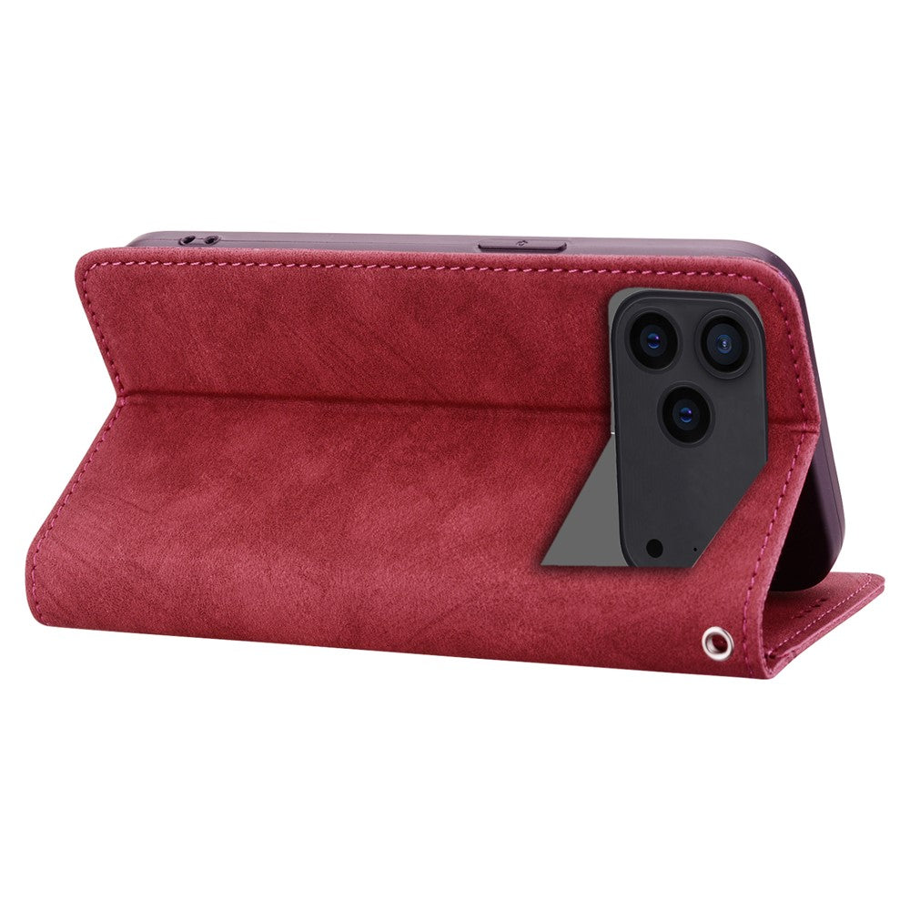 For iPhone 17 Pro Max Case Lines Pattern Wallet Leather Phone Cover with Strap - Red