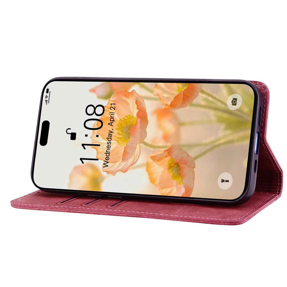 For iPhone 17 Pro Max Case Lines Pattern Wallet Leather Phone Cover with Strap - Red