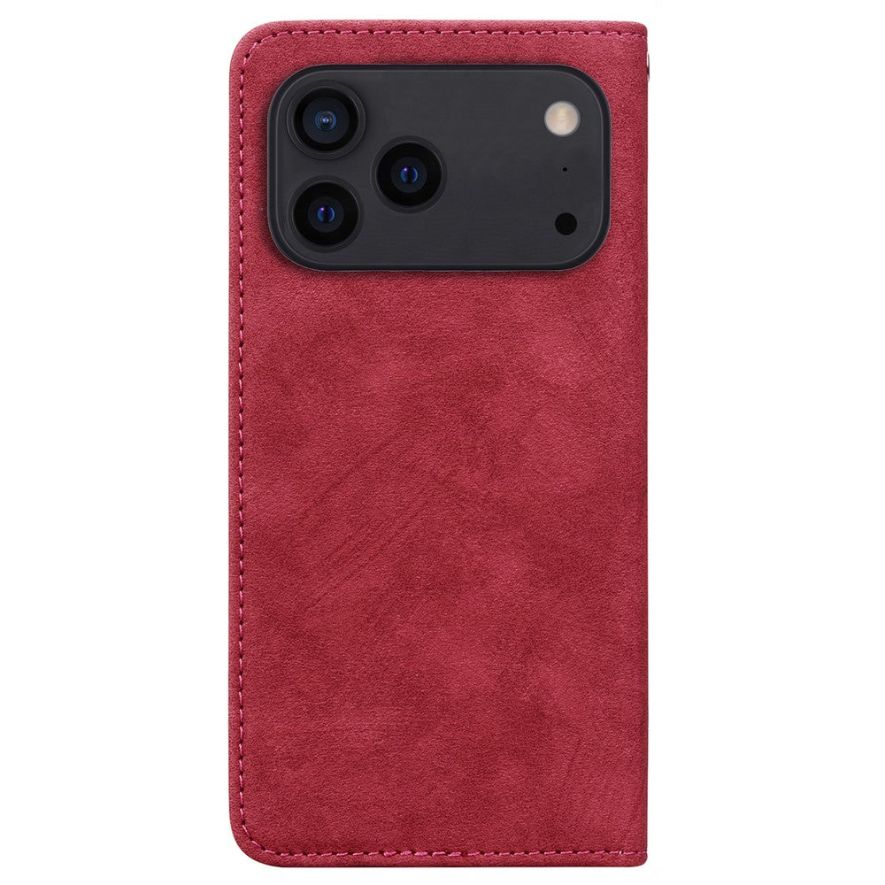 For iPhone 17 Pro Max Case Lines Pattern Wallet Leather Phone Cover with Strap - Red