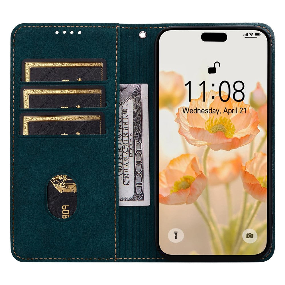 For iPhone 17 Pro Max Case Lines Pattern Wallet Leather Phone Cover with Strap - Green