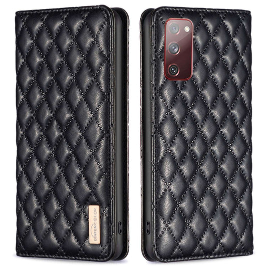 BINFEN COLOR BF Style-16 For Samsung Galaxy S20 FE 5G / S20 FE / S20 FE 2022 / S20 Lite Card Holder Stand PU Leather Case Rhombus Imprinted Protective Phone Cover - Black