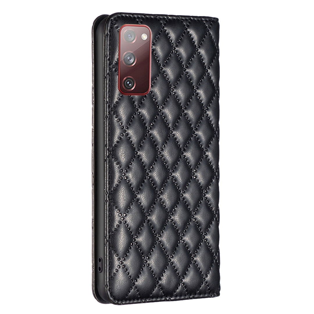BINFEN COLOR BF Style-16 For Samsung Galaxy S20 FE 5G / S20 FE / S20 FE 2022 / S20 Lite Card Holder Stand PU Leather Case Rhombus Imprinted Protective Phone Cover - Black