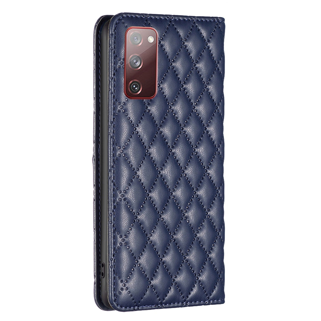 BINFEN COLOR BF Style-16 For Samsung Galaxy S20 FE 5G / S20 FE / S20 FE 2022 / S20 Lite Card Holder Stand PU Leather Case Rhombus Imprinted Protective Phone Cover - Blue