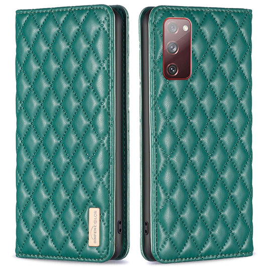 BINFEN COLOR BF Style-16 For Samsung Galaxy S20 FE 5G / S20 FE / S20 FE 2022 / S20 Lite Card Holder Stand PU Leather Case Rhombus Imprinted Protective Phone Cover - Green