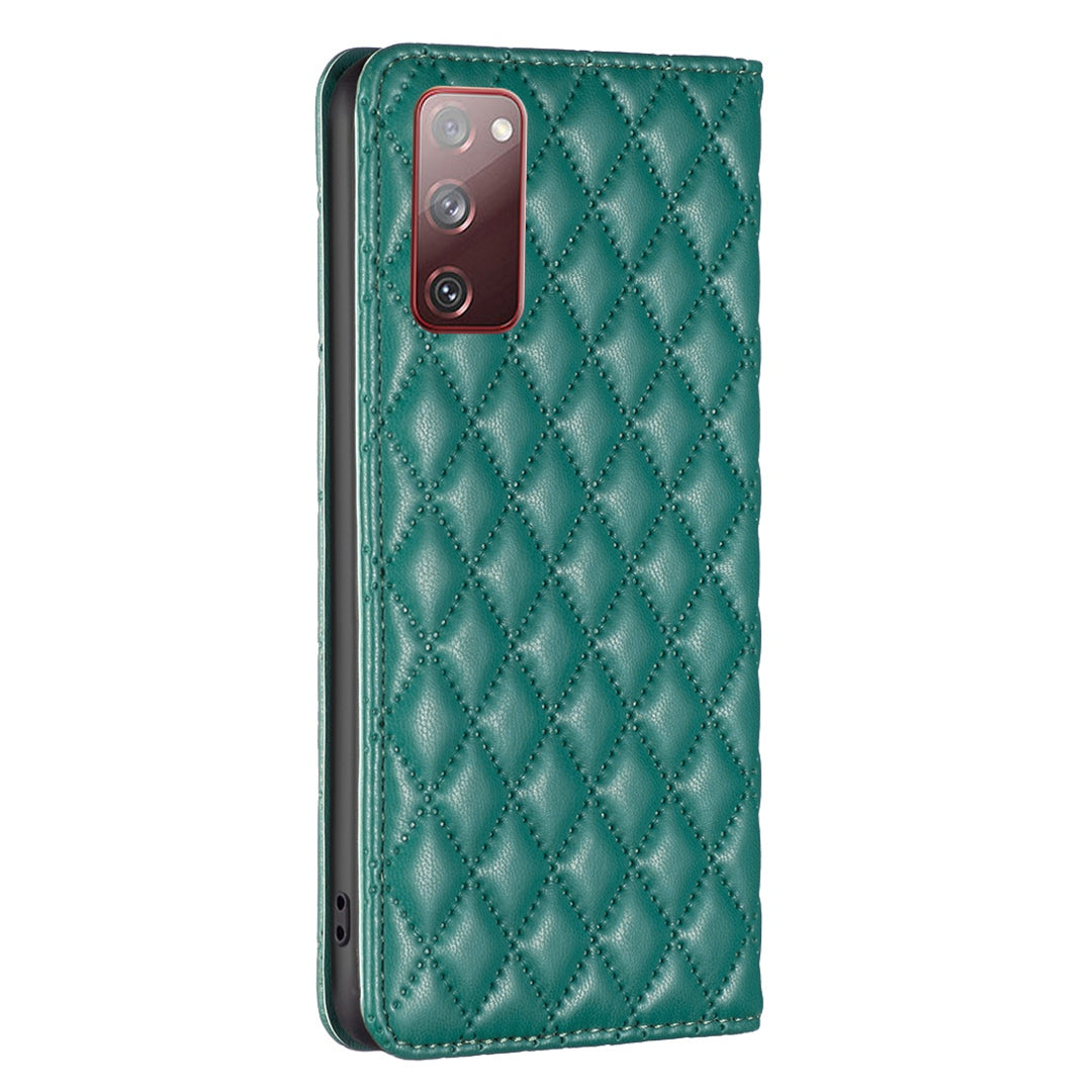 BINFEN COLOR BF Style-16 For Samsung Galaxy S20 FE 5G / S20 FE / S20 FE 2022 / S20 Lite Card Holder Stand PU Leather Case Rhombus Imprinted Protective Phone Cover - Green