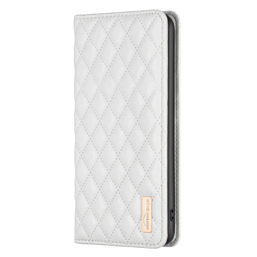 BINFEN COLOR BF Style-16 For Samsung Galaxy S20 FE 5G / S20 FE / S20 FE 2022 / S20 Lite Card Holder Stand PU Leather Case Rhombus Imprinted Protective Phone Cover - White