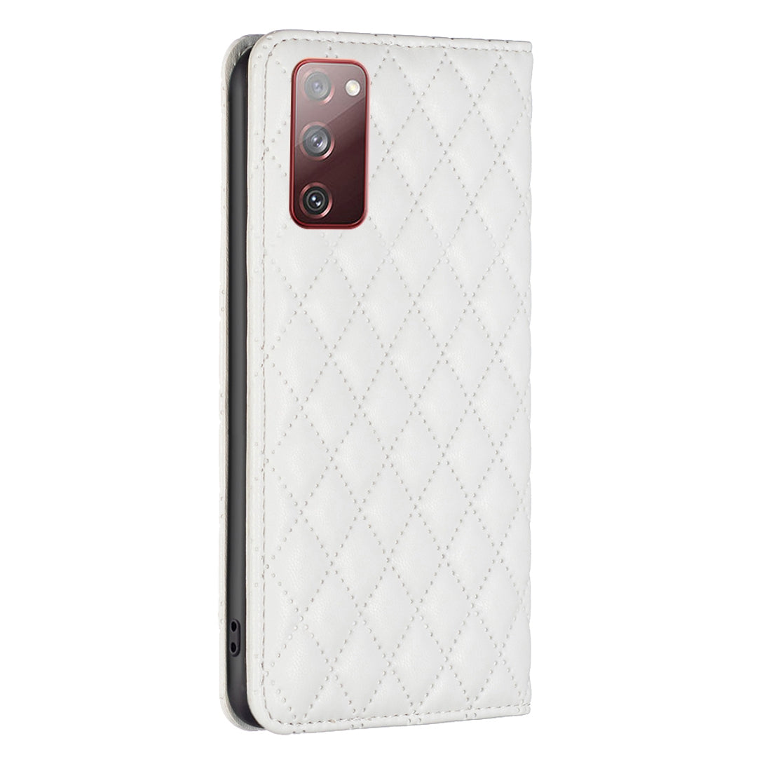 BINFEN COLOR BF Style-16 For Samsung Galaxy S20 FE 5G / S20 FE / S20 FE 2022 / S20 Lite Card Holder Stand PU Leather Case Rhombus Imprinted Protective Phone Cover - White