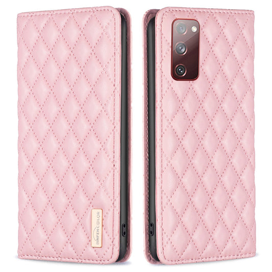 BINFEN COLOR BF Style-16 For Samsung Galaxy S20 FE 5G / S20 FE / S20 FE 2022 / S20 Lite Card Holder Stand PU Leather Case Rhombus Imprinted Protective Phone Cover - Pink