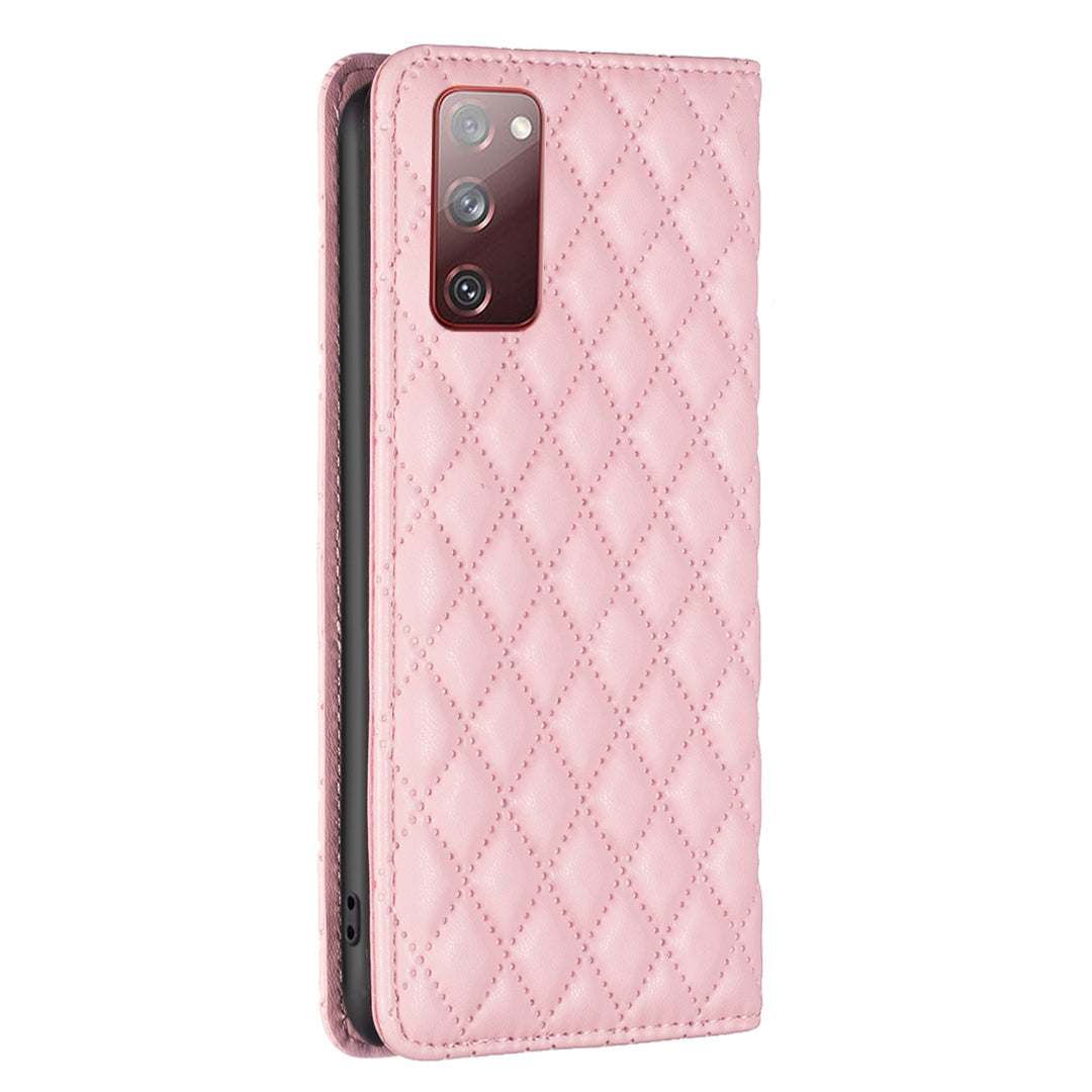 BINFEN COLOR BF Style-16 For Samsung Galaxy S20 FE 5G / S20 FE / S20 FE 2022 / S20 Lite Card Holder Stand PU Leather Case Rhombus Imprinted Protective Phone Cover - Pink