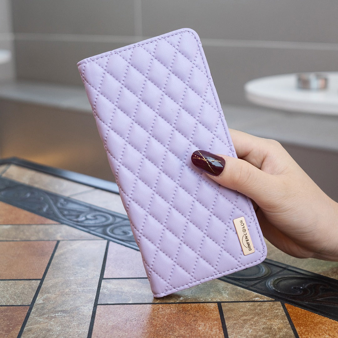 BINFEN COLOR BF Style-16 For Samsung Galaxy S20 FE 5G / S20 FE / S20 FE 2022 / S20 Lite Card Holder Stand PU Leather Case Rhombus Imprinted Protective Phone Cover - Purple