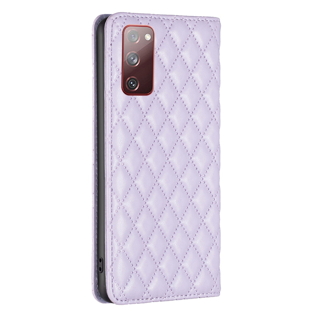 BINFEN COLOR BF Style-16 For Samsung Galaxy S20 FE 5G / S20 FE / S20 FE 2022 / S20 Lite Card Holder Stand PU Leather Case Rhombus Imprinted Protective Phone Cover - Purple
