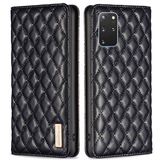 BINFEN COLOR BF Style-16 For Samsung Galaxy S20 Plus 4G / 5G Rhombus Imprinted PU Leather Stand Case Card Holder Magnetic Auto-absorbed Phone Cover - Black