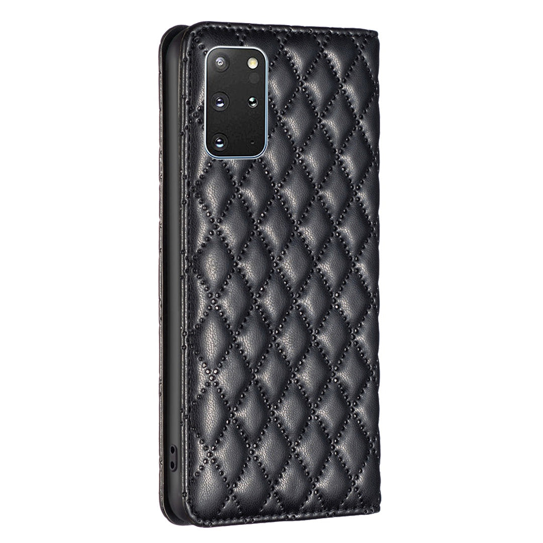 BINFEN COLOR BF Style-16 For Samsung Galaxy S20 Plus 4G / 5G Rhombus Imprinted PU Leather Stand Case Card Holder Magnetic Auto-absorbed Phone Cover - Black