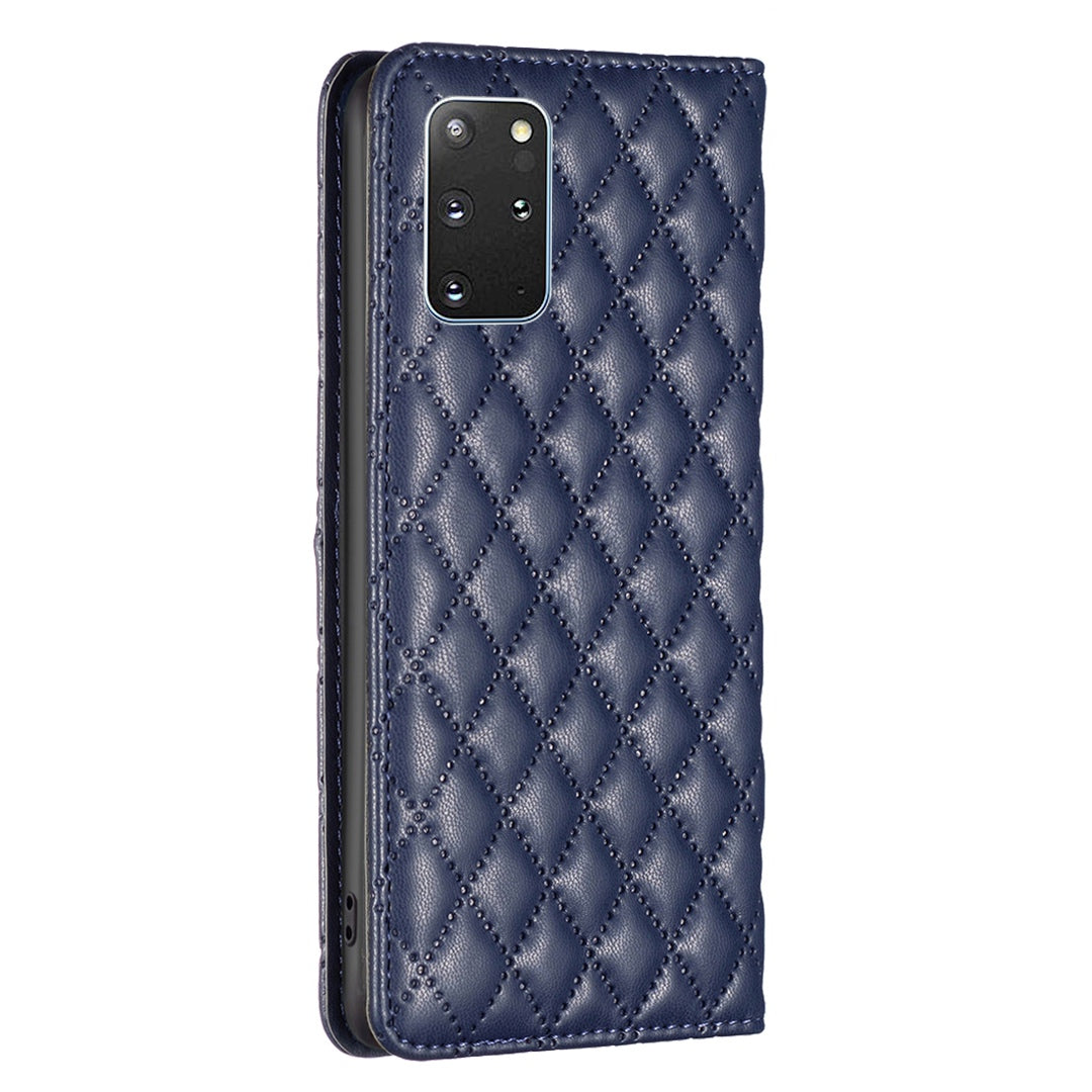 BINFEN COLOR BF Style-16 For Samsung Galaxy S20 Plus 4G / 5G Rhombus Imprinted PU Leather Stand Case Card Holder Magnetic Auto-absorbed Phone Cover - Blue