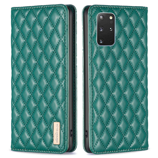 BINFEN COLOR BF Style-16 For Samsung Galaxy S20 Plus 4G / 5G Rhombus Imprinted PU Leather Stand Case Card Holder Magnetic Auto-absorbed Phone Cover - Green
