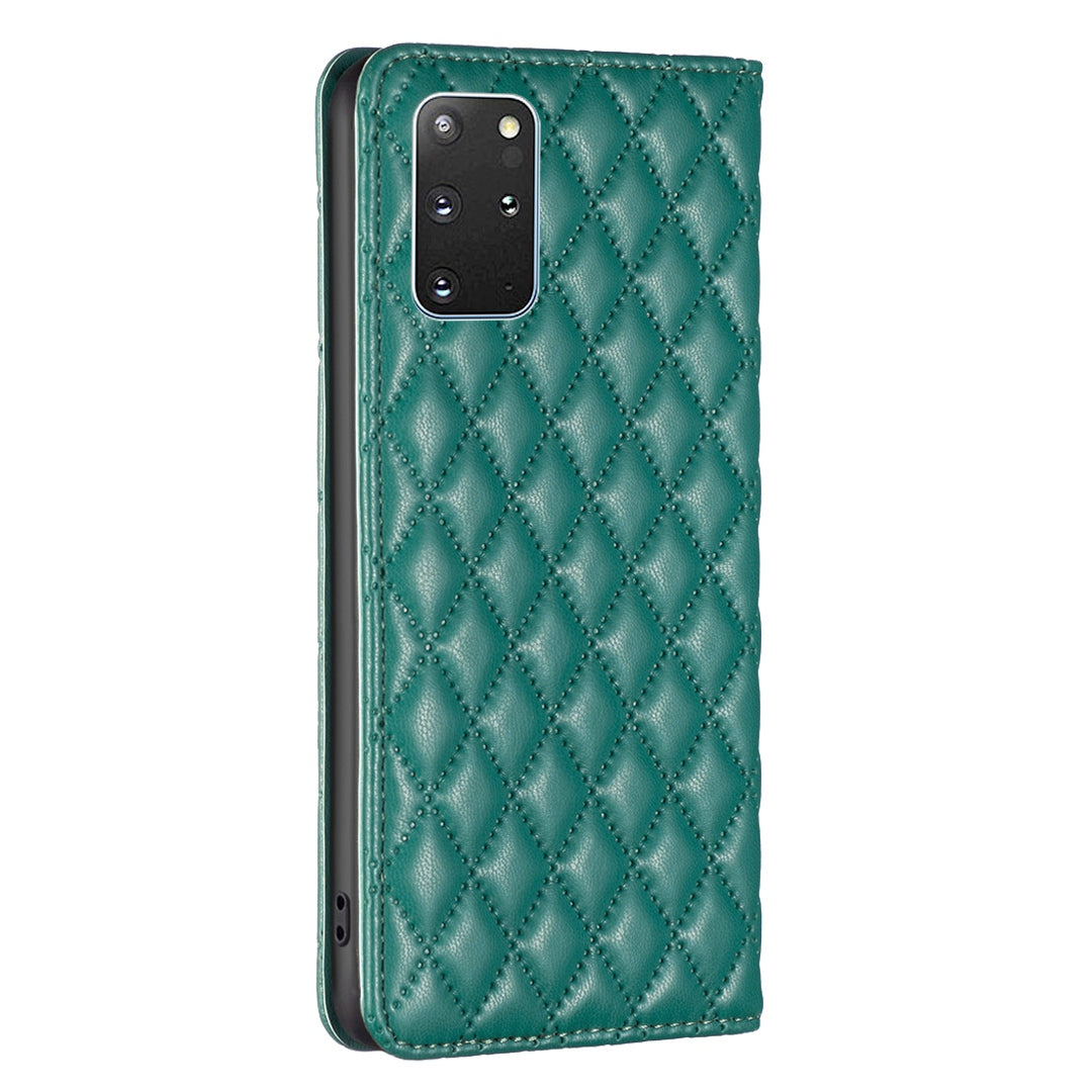 BINFEN COLOR BF Style-16 For Samsung Galaxy S20 Plus 4G / 5G Rhombus Imprinted PU Leather Stand Case Card Holder Magnetic Auto-absorbed Phone Cover - Green