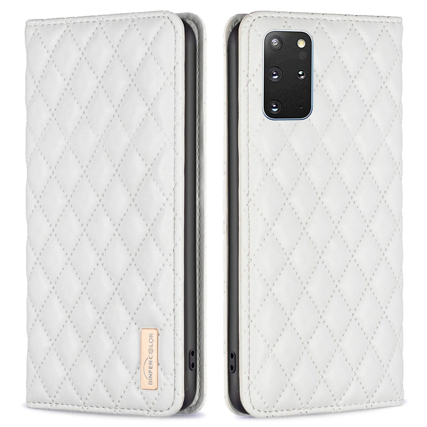 BINFEN COLOR BF Style-16 For Samsung Galaxy S20 Plus 4G / 5G Rhombus Imprinted PU Leather Stand Case Card Holder Magnetic Auto-absorbed Phone Cover - White