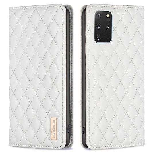 BINFEN COLOR BF Style-16 For Samsung Galaxy S20 Plus 4G / 5G Rhombus Imprinted PU Leather Stand Case Card Holder Magnetic Auto-absorbed Phone Cover - White