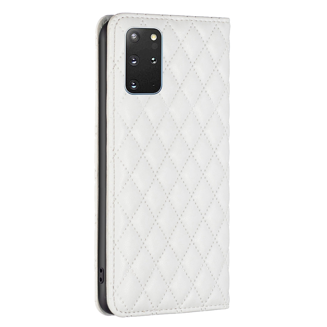 BINFEN COLOR BF Style-16 For Samsung Galaxy S20 Plus 4G / 5G Rhombus Imprinted PU Leather Stand Case Card Holder Magnetic Auto-absorbed Phone Cover - White