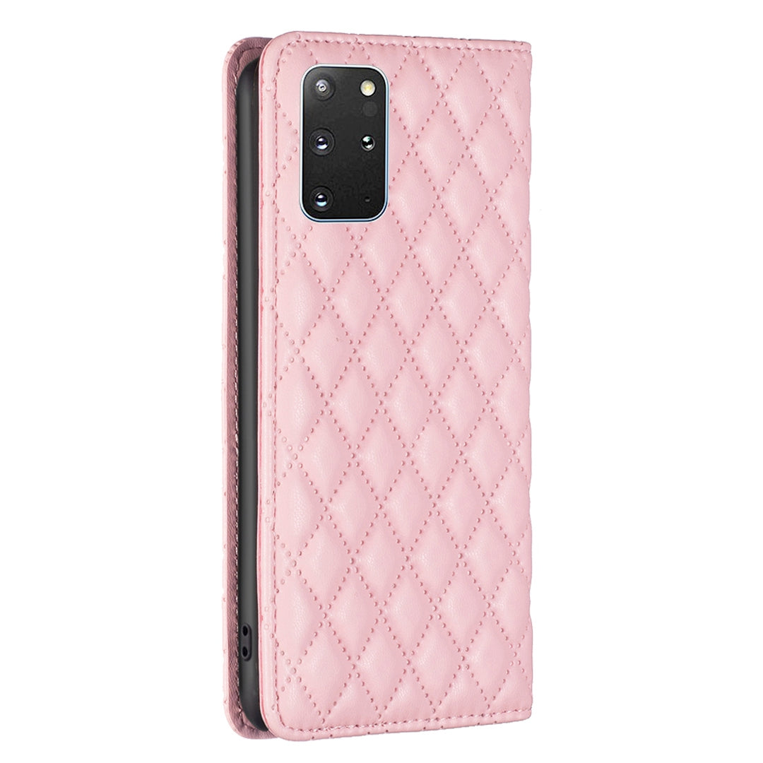 BINFEN COLOR BF Style-16 For Samsung Galaxy S20 Plus 4G / 5G Rhombus Imprinted PU Leather Stand Case Card Holder Magnetic Auto-absorbed Phone Cover - Pink