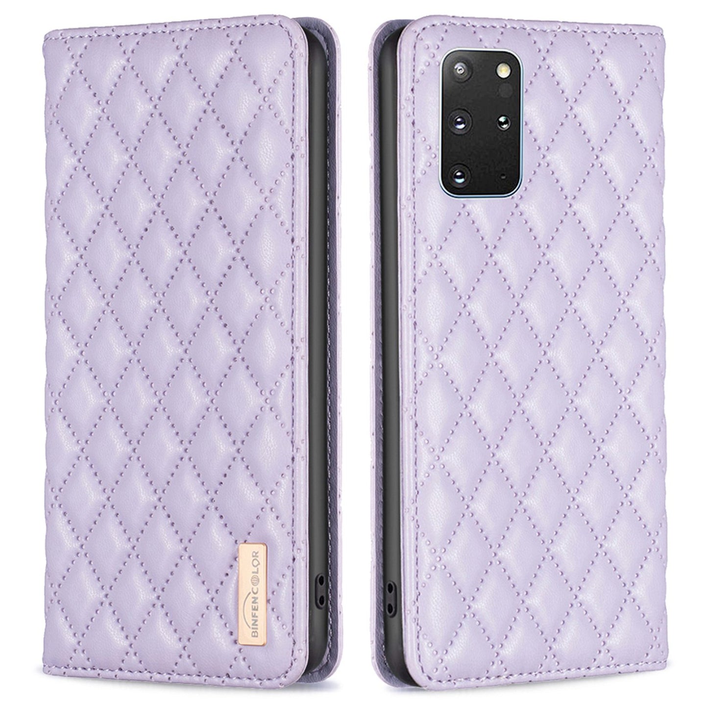 BINFEN COLOR BF Style-16 For Samsung Galaxy S20 Plus 4G / 5G Rhombus Imprinted PU Leather Stand Case Card Holder Magnetic Auto-absorbed Phone Cover - Purple