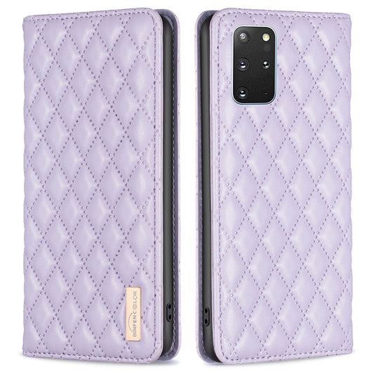 BINFEN COLOR BF Style-16 For Samsung Galaxy S20 Plus 4G / 5G Rhombus Imprinted PU Leather Stand Case Card Holder Magnetic Auto-absorbed Phone Cover - Purple