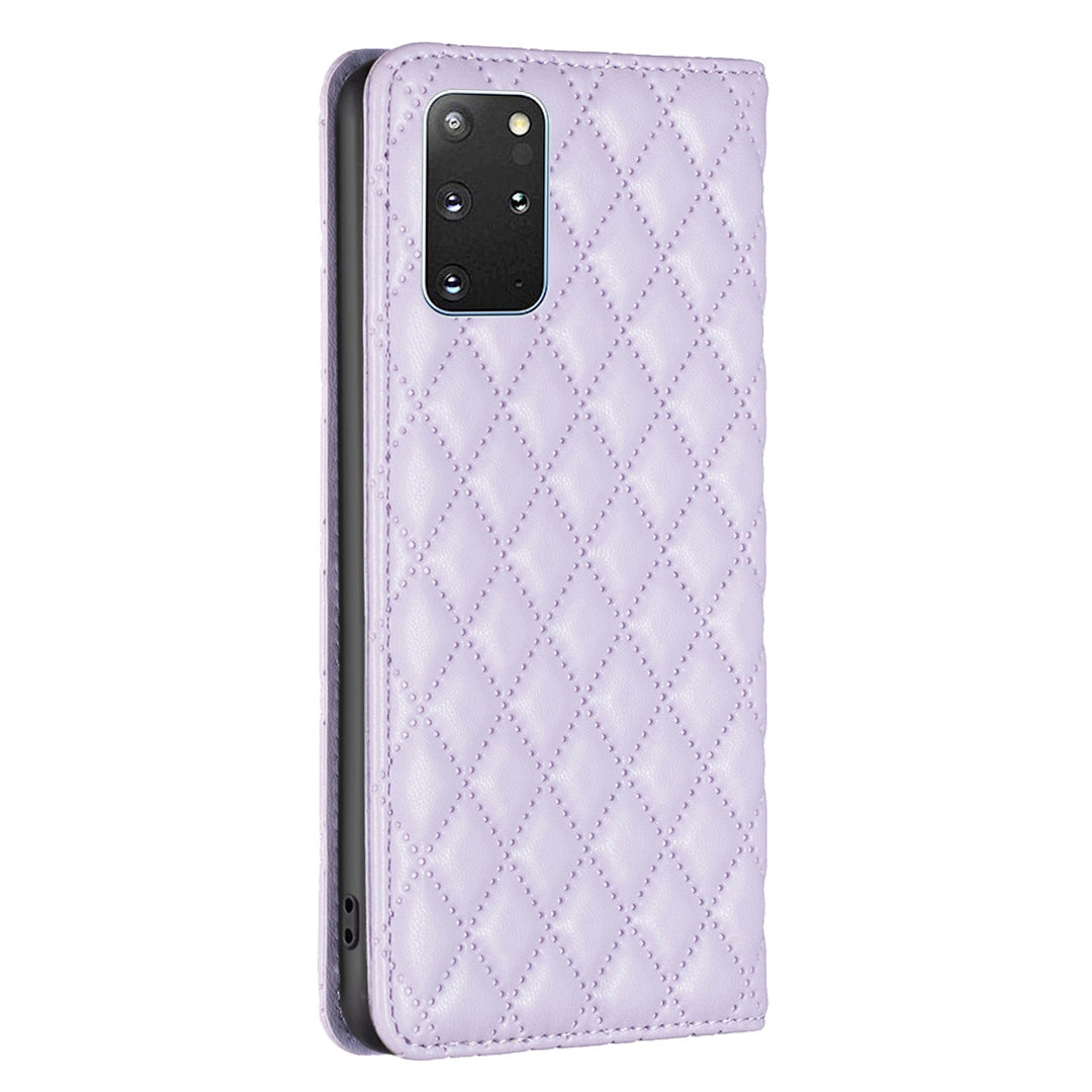 BINFEN COLOR BF Style-16 For Samsung Galaxy S20 Plus 4G / 5G Rhombus Imprinted PU Leather Stand Case Card Holder Magnetic Auto-absorbed Phone Cover - Purple